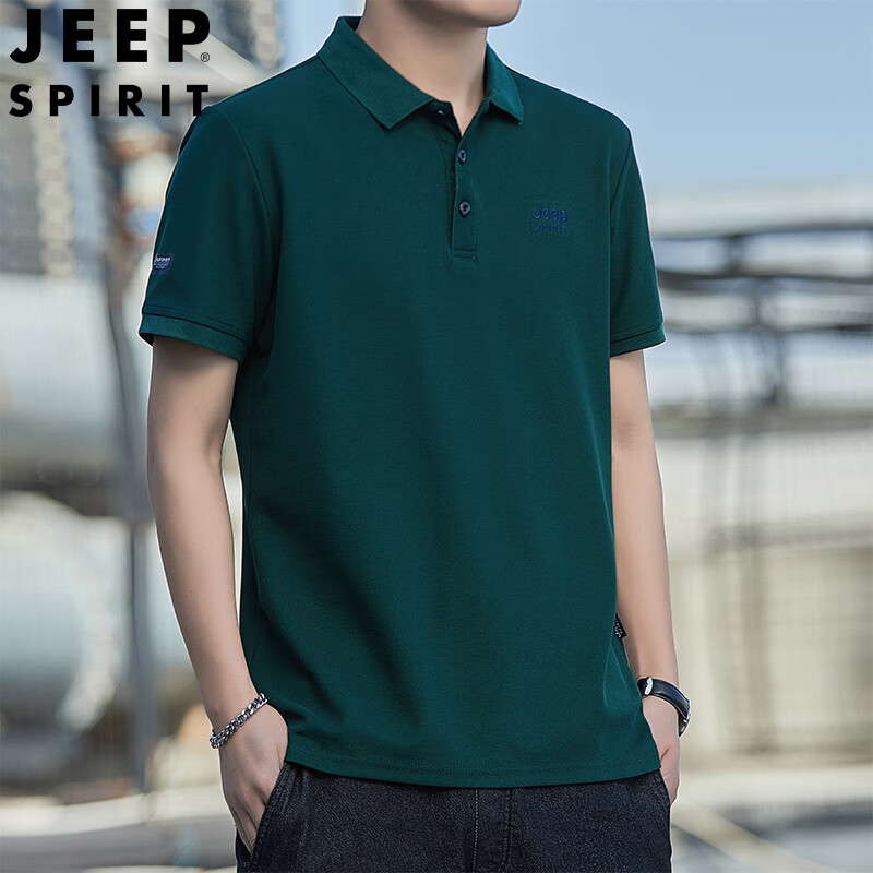 JEEP SPIRIT短袖t恤男P.O.L.O衫夏季休闲上衣翻领体恤大码男装半袖2024 7225墨绿色 3XL 建议170-185斤