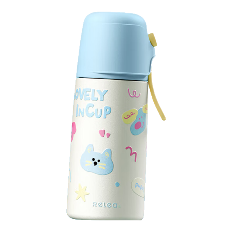 物生物儿童保温杯女士高颜值吸管水杯316L不锈钢大容量学生上学便携杯子 薄荷粉蓝【一盖双饮】380ml