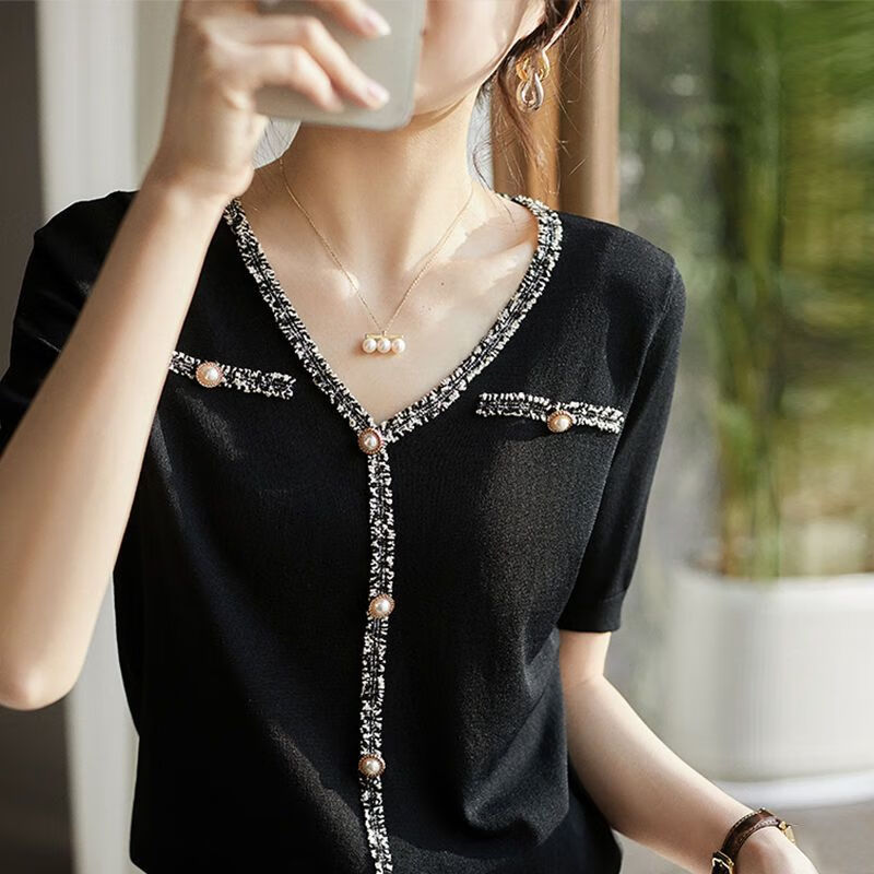 京蝌蝌女夏装高端大气上档次小香风短袖t恤夏季2024新款冰丝针织衫