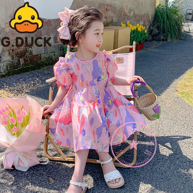 G.DUCKKIDS小黃鴨小黃鴨女童夏裝粉色連衣裙新款泡泡袖公主裙甜美卡通連衣裙 卡通動物連衣裙 倉庫庫存隨機(jī)發(fā)