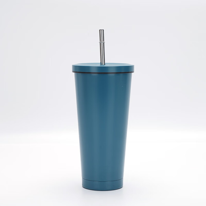 大容量双层真空不锈钢咖啡杯吸管杯车载水杯冰霸礼品杯 孔雀蓝 750ml
