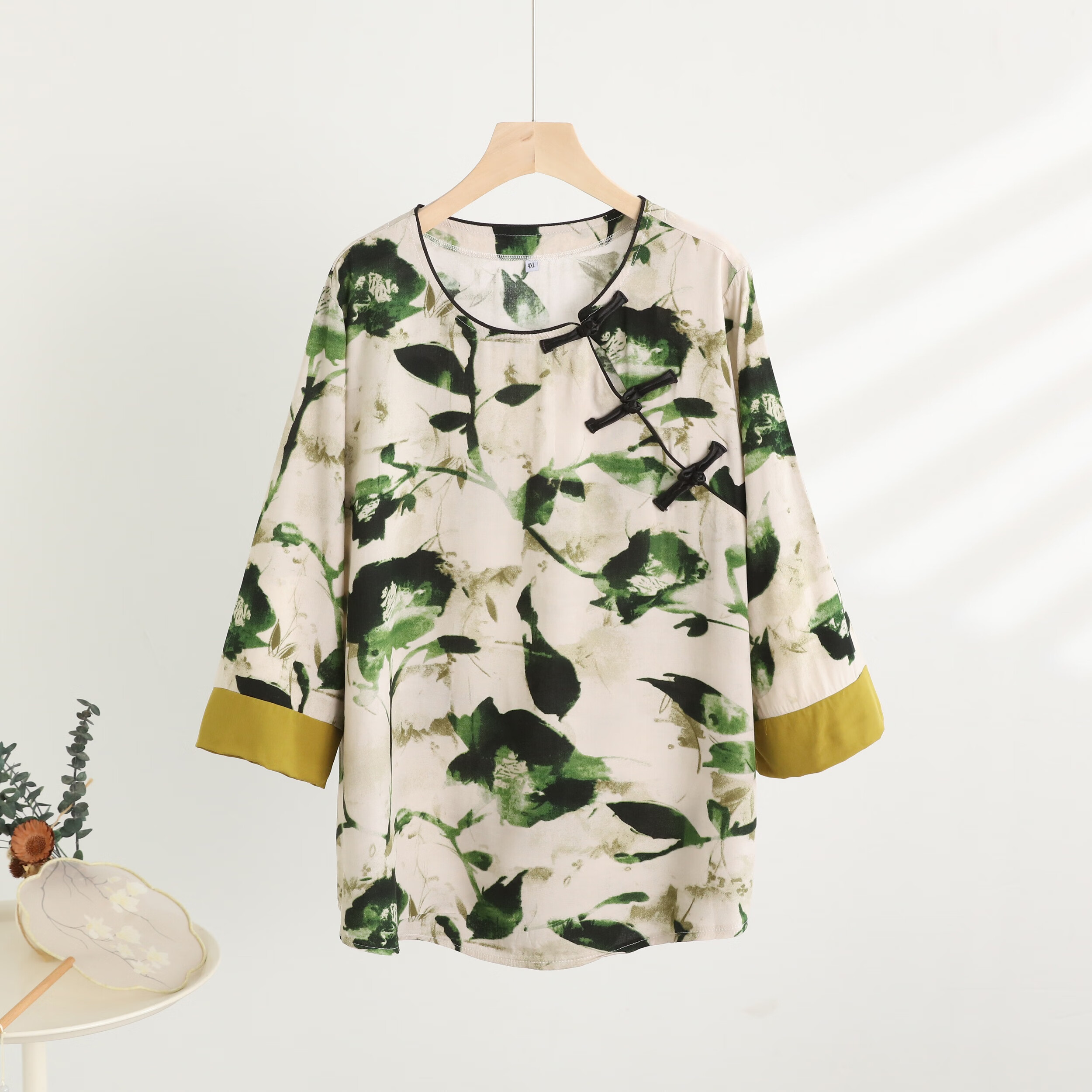 奥若文棉绸t恤女复古盘扣新中式棉绸短袖上衣女2024复古宽松大码盘扣