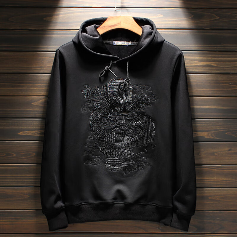 龙年刺绣秋冬国潮连帽重工龙纹国风加绒带帽外套 黑色/刺绣龙加绒连帽
