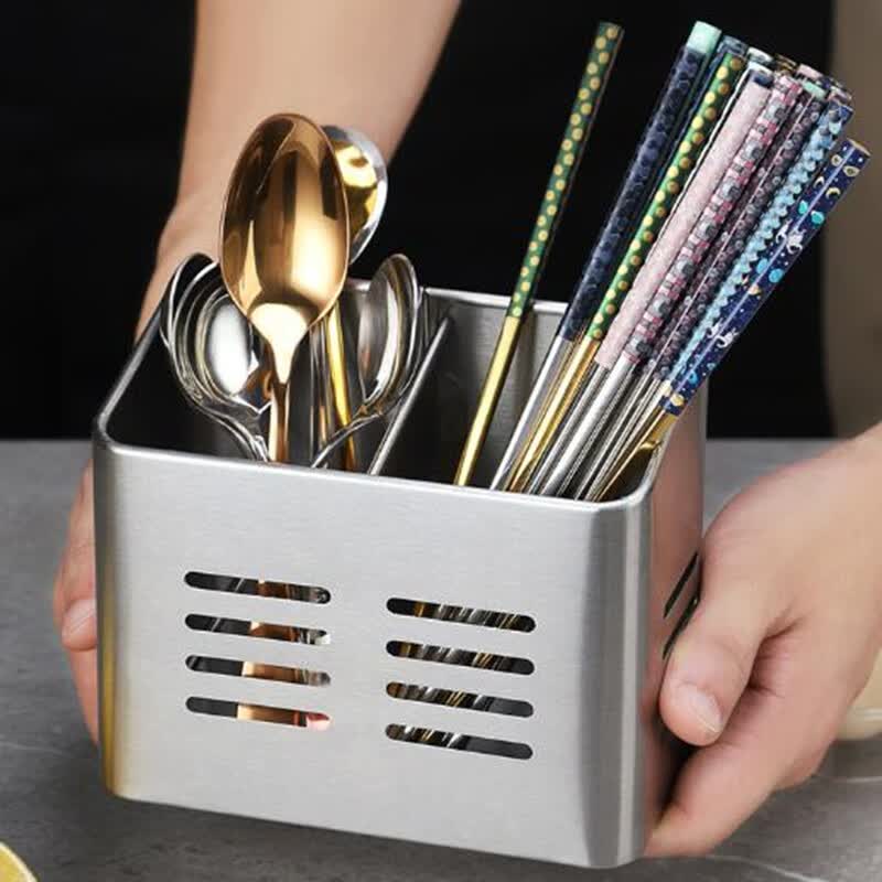 棠磊加厚方形双格不锈钢筷子筒家用餐具消毒柜收纳盒厨房沥水筷笼筷架 方形筷子筒-红色