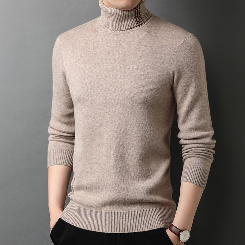 杜宾爵冬季半高领羊毛衫男款加厚保暖纯色青年针织羊绒衫男士休闲打底衫 浅卡其 165/【100-120】斤