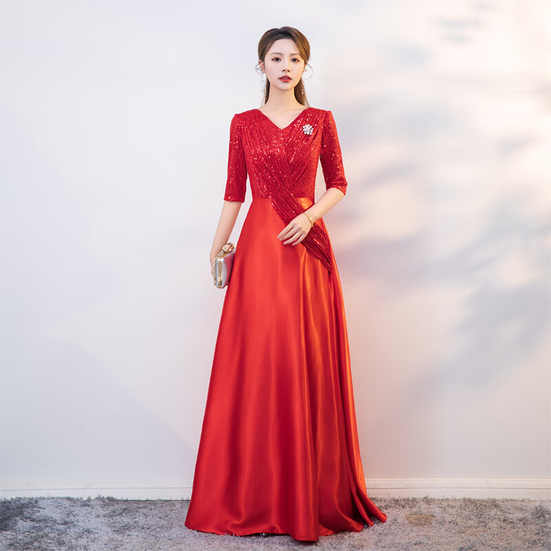 未萱高端年會(huì)女主持人禮服主持人禮服2024新款晚禮服長(zhǎng)款宴會(huì)生日聚會(huì) 大紅色 4XL140斤 均碼