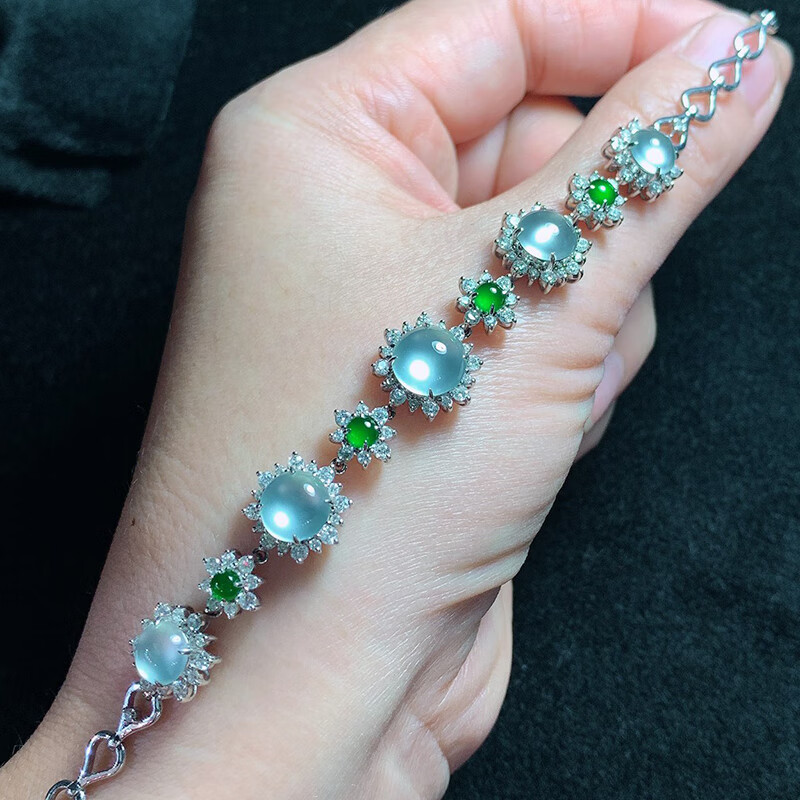 绿翠天成 翡翠高冰种白冰蛋面手链 缅甸a货翡翠18k金镶嵌女款5.9-7.