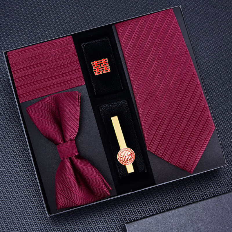 弗倫巴納【禮盒裝】新郎結(jié)婚領(lǐng)帶紅色領(lǐng)結(jié)口袋巾領(lǐng)帶夾胸針五件套裝男拉鏈 手打領(lǐng)帶丨KH5A8052-16