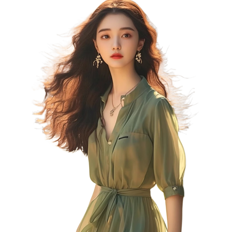 拉夏贝尔（La Chapelle）雪纺连衣裙女夏季2024新款时尚中式小立领仙女薄荷曼波风绿色裙子 图色 L