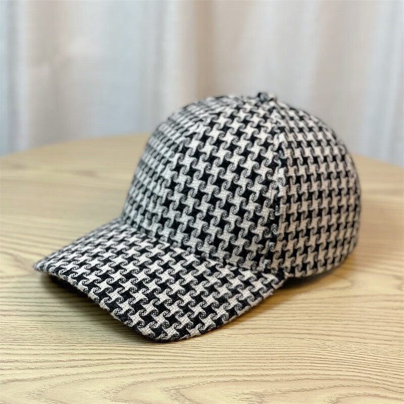 澈逸秋冬季毛呢格子鸭舌帽女韩版ins千鸟格百搭时尚保暖棒球帽子 黑色