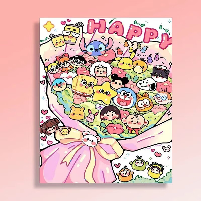 京悠雨数字油画diy卡通花束手工填充画卡通动漫油彩画童年丙烯装饰画