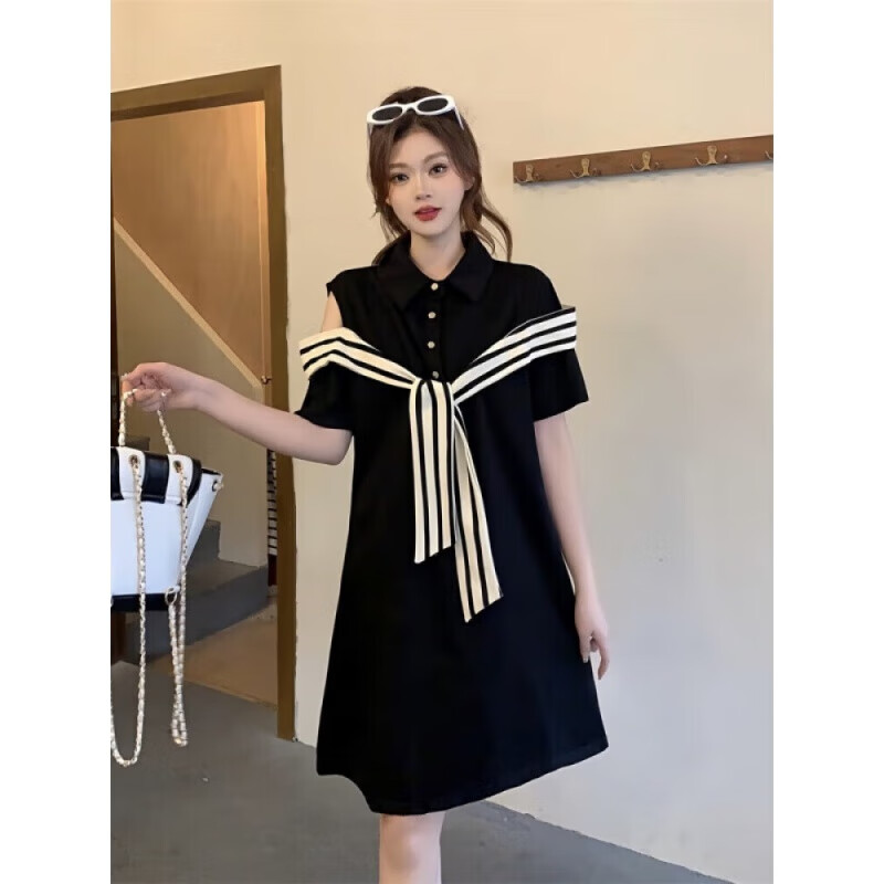 La  Chapelle拉夏贝尔大码女装连衣裙子夏天女装2024夏季新品短袖套装衣服女 黑色 2XL (建议150-190斤)