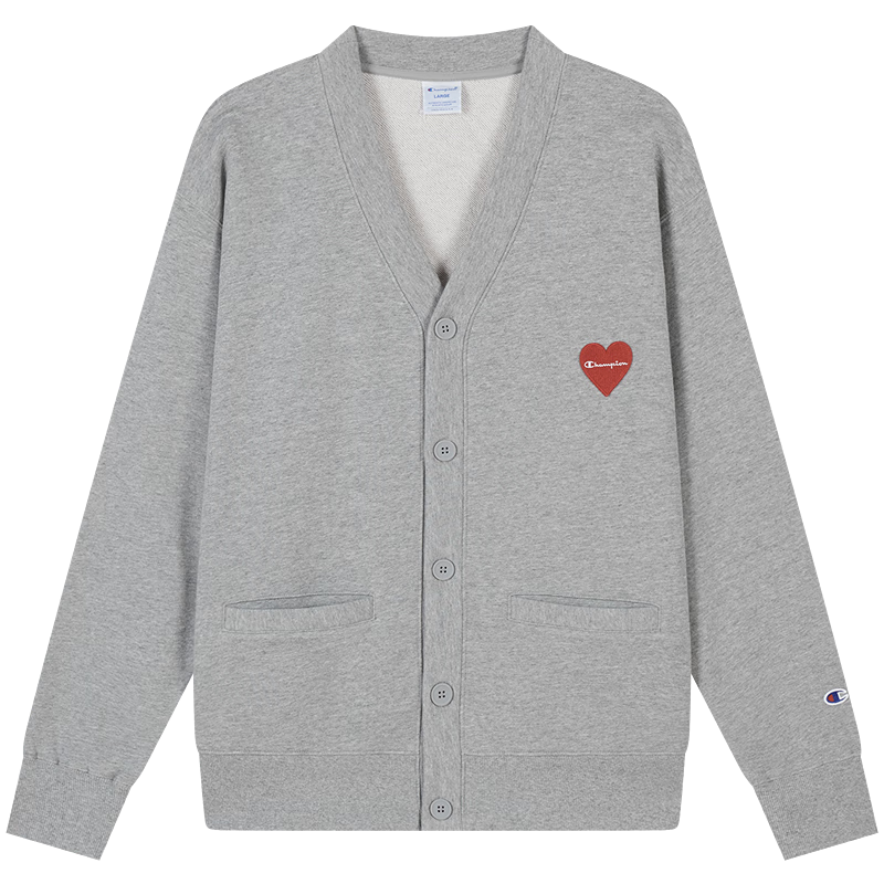 Champion冠軍2024秋季新款情侶休閑V領(lǐng)開衫女愛心刺繡衛(wèi)衣外套男 淺灰色 M