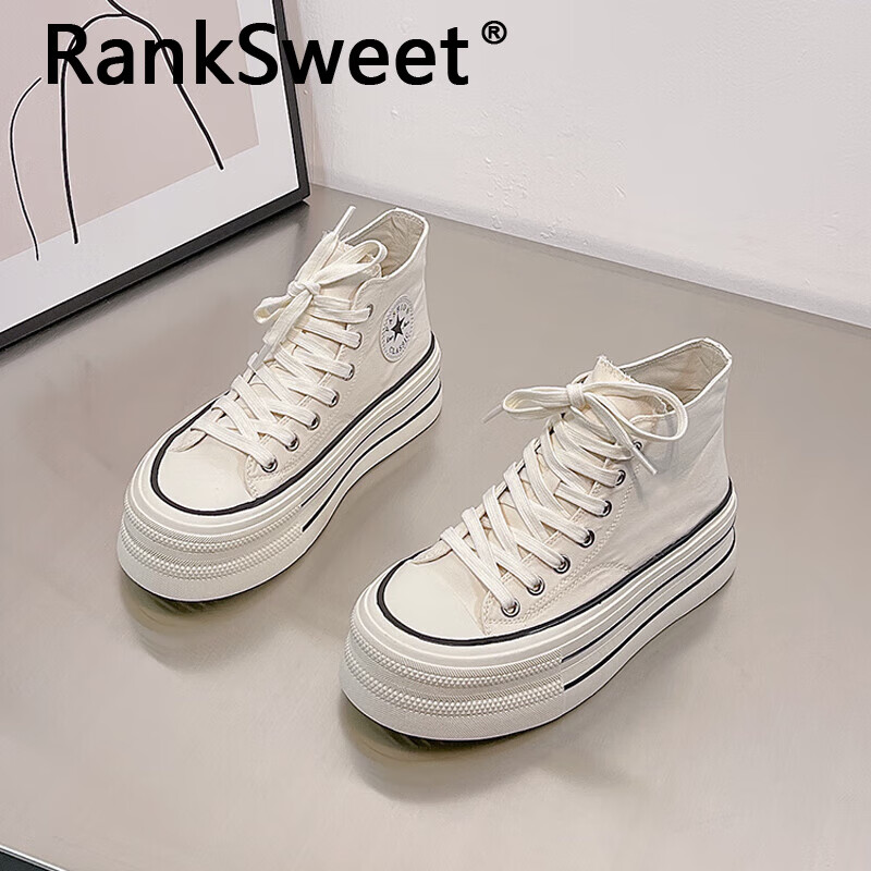 ranksweet轻奢品牌厚底高帮帆布鞋女生2024春夏新款小个子透气小白鞋