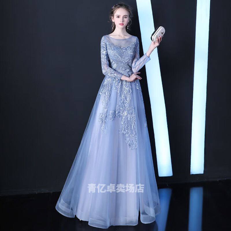 品莠禮服女 18嵗禮服 學(xué)生晚禮服裙女藝考音樂長(zhǎng)袖端莊大氣年會(huì)演出宴 煙藍(lán)色 s