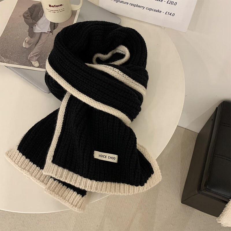 妃蝶ins撞色边编织针织围巾女冬季新款时尚软糯加厚学生围脖保暖 黑色