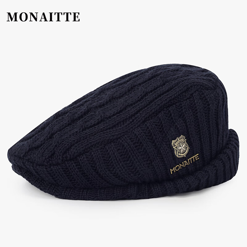 蒙奈特(MONAITTE)帽子男冬季新款保暖護(hù)耳鴨舌帽秋冬加絨貝雷帽針織毛線前進(jìn)帽女 藏青色 均碼(55-62CM)