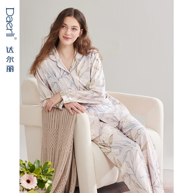 达尔丽睡衣女春秋长袖玫瑰印花大码休闲针织棉开衫国风家居服套装夏新款 T8245118-018-杏色 XL
