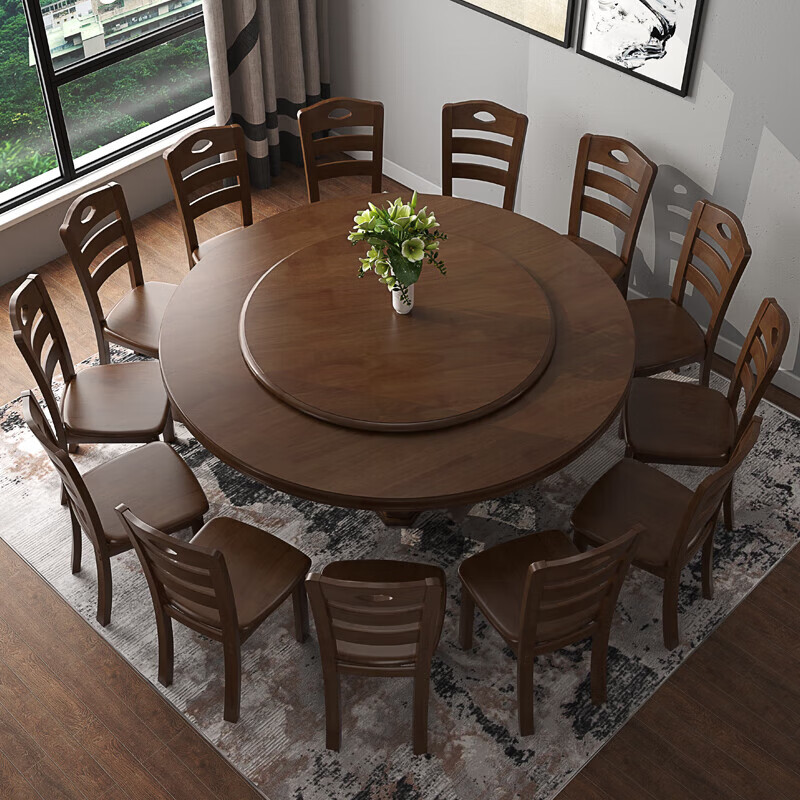 鑫巨象  实木圆餐桌椅组合带转盘新中式家用圆形吃饭桌子饭店歺桌现代