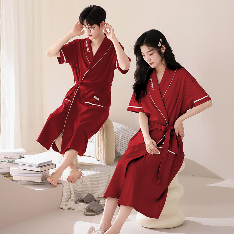 莫代尔睡袍女士夏季纯棉短袖情侣睡衣2025新款男士大码长款浴袍家居服 KL24173情侣 M 女+男3XL