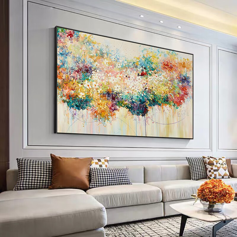彩象花团锦簇纯手绘抽象花卉油画客厅挂画横版软装现代简约餐厅装饰画