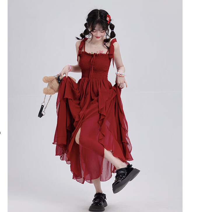 jan zigulla清纯少女连衣裙甜美吊带女夏季新款荷叶边仙女裙裙子 红色