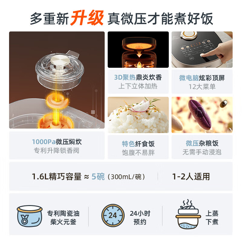 小熊(bear)电饭煲迷你小型智能家用1-2人 柴火饭米饭微压多功能 1.