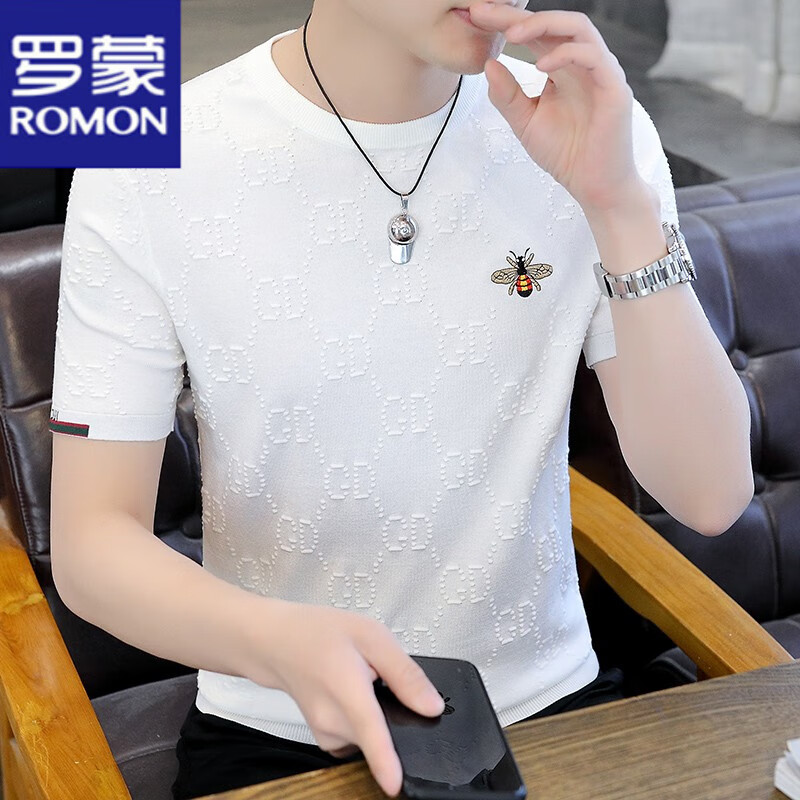 罗蒙（ROMON）短袖t恤男2025年夏季冰丝刺绣圆领名牌上衣男士冰麻小蜜蜂T恤衫 白色 2XL 145-160斤