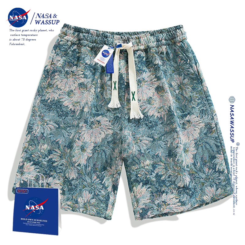 NASA WASSUP官方潮牌联名短裤男夏季港风印花沙滩裤宽松休闲短裤男士五分裤 蓝莲花 XL （建议125-150斤）