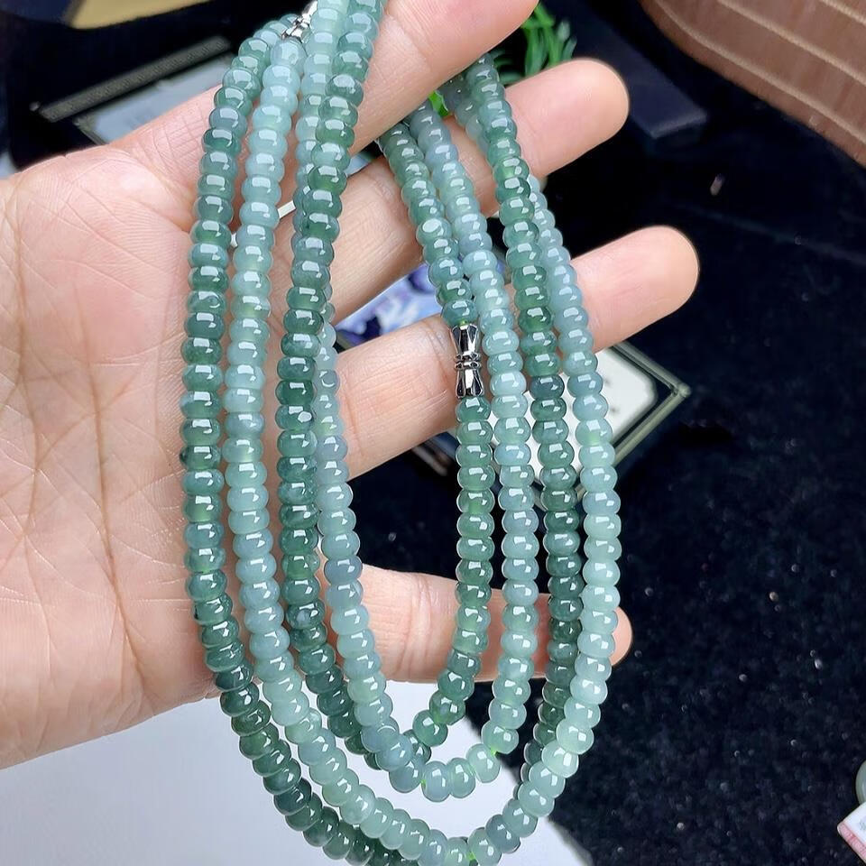 瑾然 天然a货翡翠算盘珠项链 佛珠链女玉石蓝水饰品玉手链