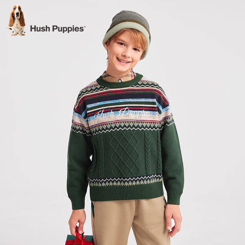 暇步士（Hush Puppies）【圣诞系列】童装儿童男女童冬季舒适透气时尚氛围感线衣 藏翠绿 160 cm