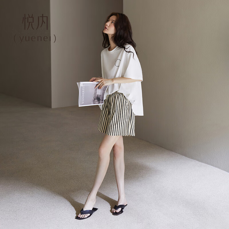 悦内带胸垫睡衣女夏季纯棉短袖短裤家居服夏天夏款大码休闲可外穿出门 B23060本白【带胸垫】 XL (170) 【体重120-140斤】
