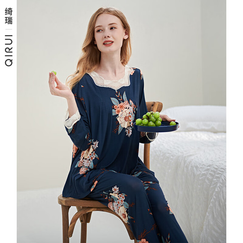 绮瑞莫代尔棉女春秋长袖家居服印花色方领套头蕾丝绣花边睡衣宽松 睡裙 XL(适合125-140斤)