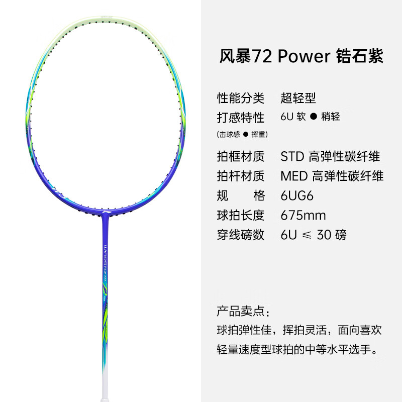 李宁(LI-NING) 风暴WS72超轻6U羽毛球拍单拍全碳素攻防兼备比赛训练可免费穿线 超轻WS72P锆石紫
