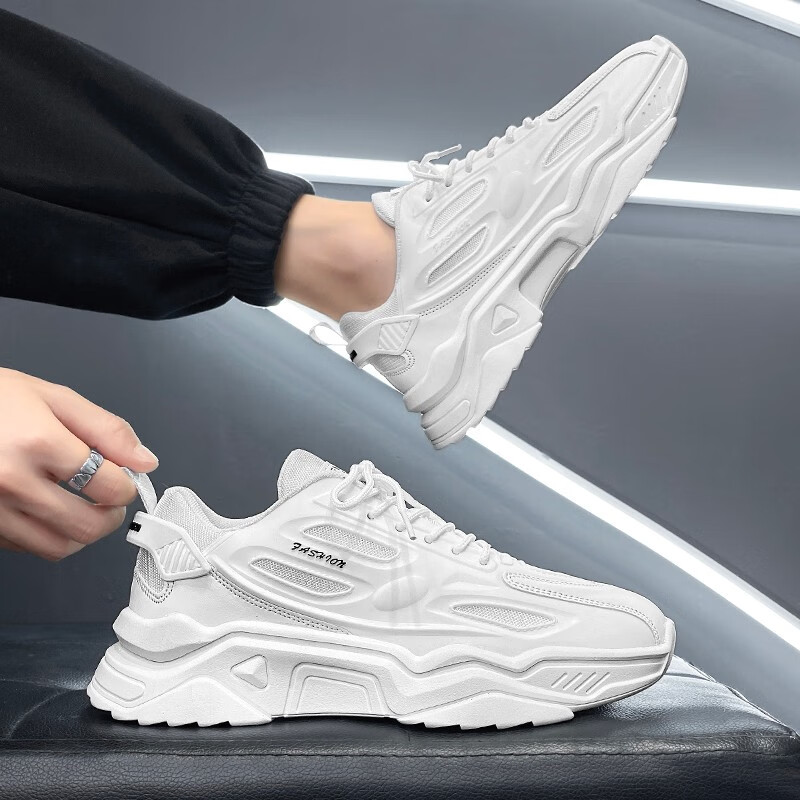 京芽内增高运动鞋男6-8厘米网面跑步鞋春季增高鞋白色休闲运动老爹鞋