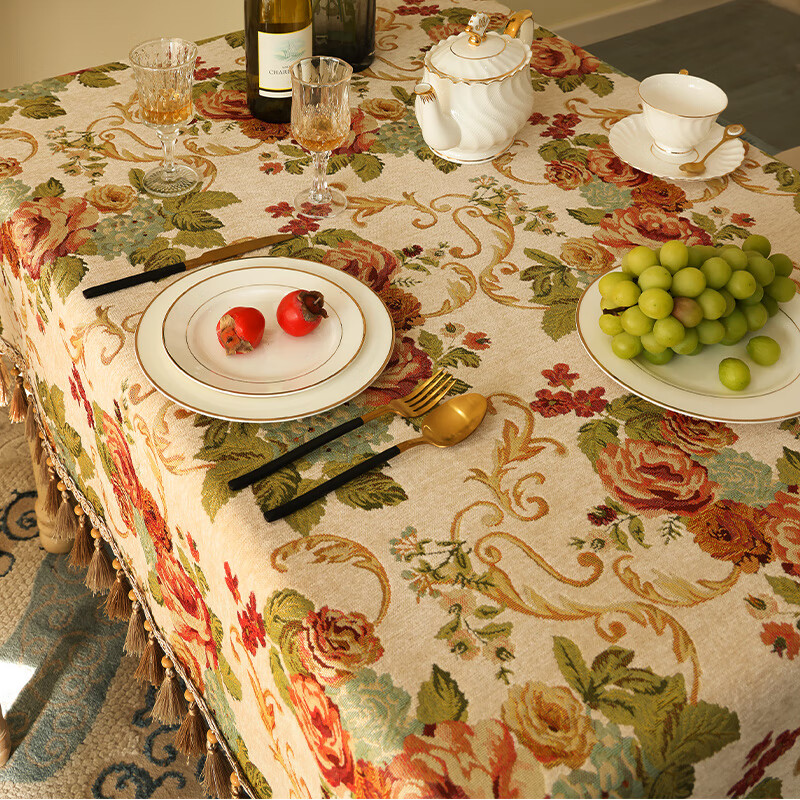 乐唯仕欧式长方形餐桌桌布轻奢高级感家用客厅茶几布布艺台布高档餐桌布 繁花似锦-米(吊穗款) 140*220cm(稍大餐桌)
