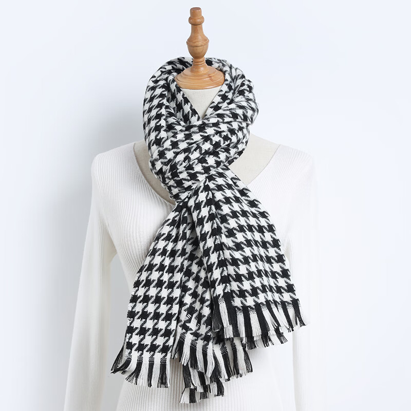 达芬奇密码围巾女春秋季学生欧美风保暖围脖情侣男女格子披肩 经典千鸟格 黑白