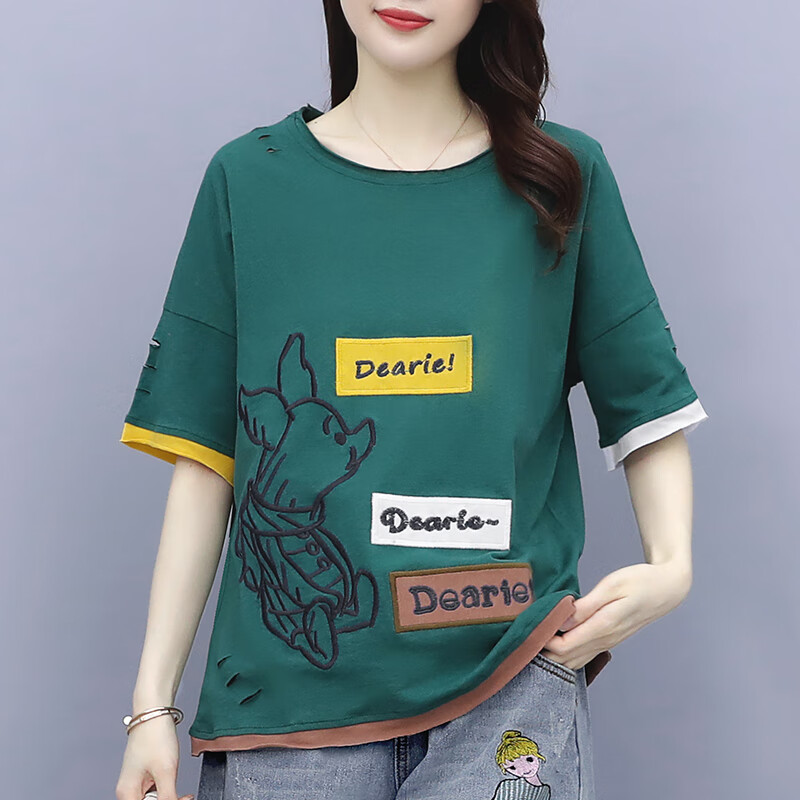 es套装牛仔短裤两件套2024夏季新款女装短袖纯棉t恤洋气时 5042y绿色