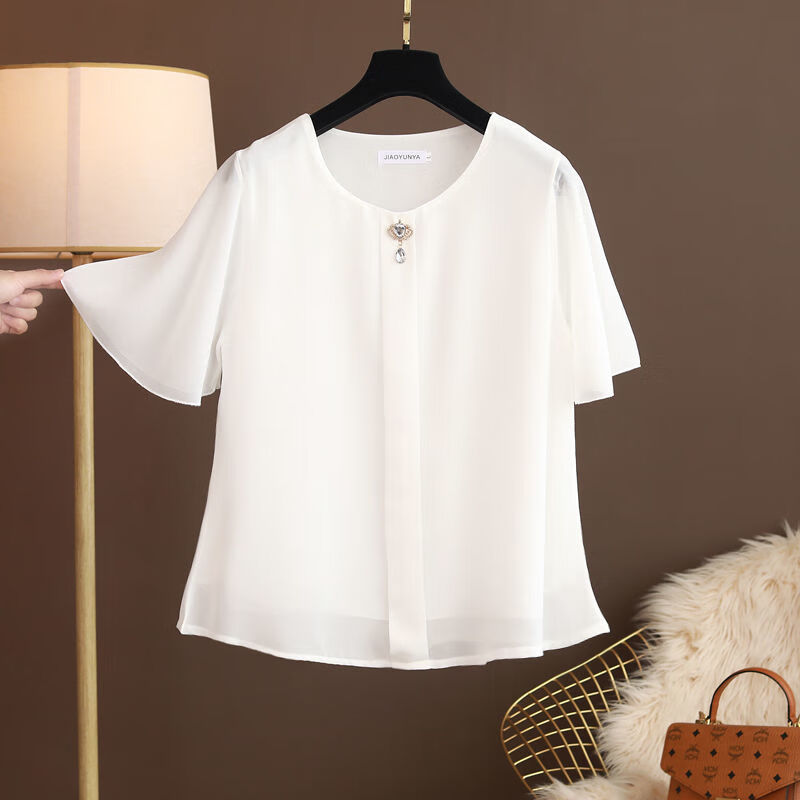 的洋气40-50岁t恤小衫大码雪纺衫圆领t恤短1袖新款宽松 白色 l 胸围94