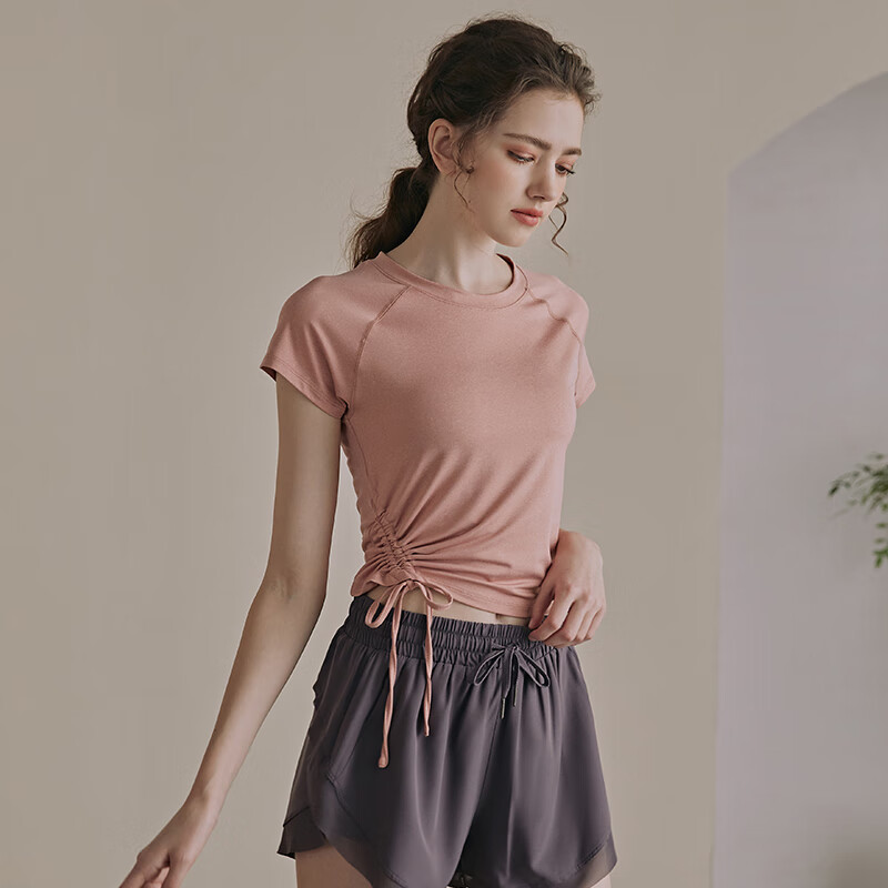 瑜伽少女瑜伽服女夏薄款运动T恤抽绳健身服短袖跑步运动套装 粉色上衣+紫色短裤 L (110-125斤)