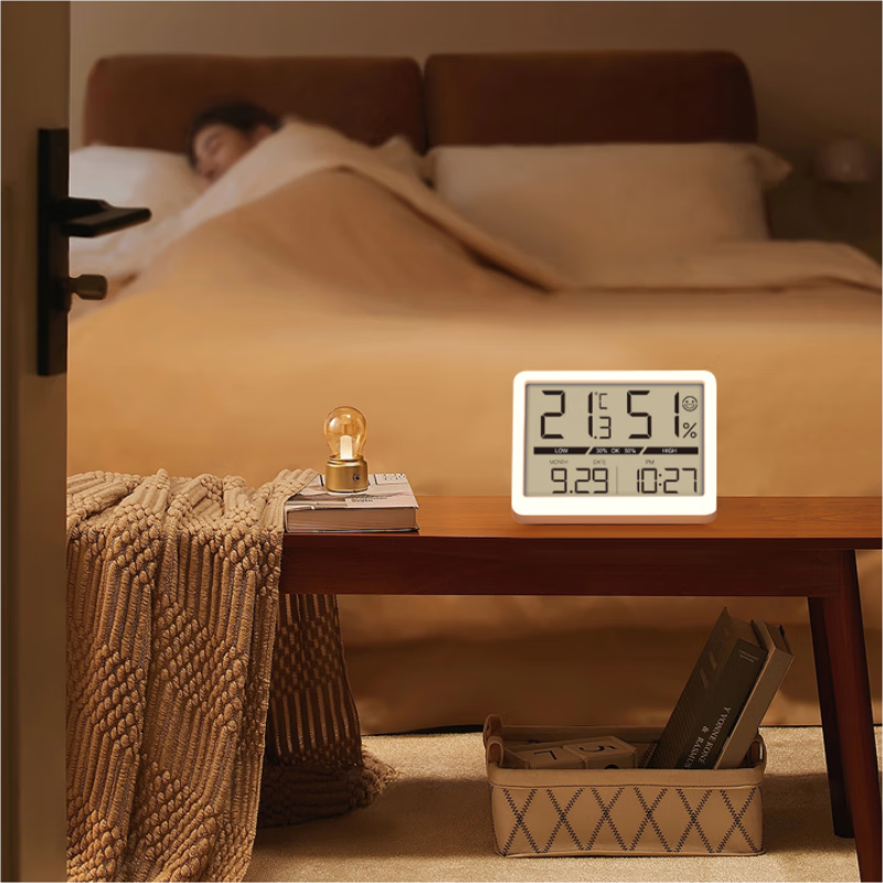 LCD家用温湿度计创意学生仪表 简约多功能床头数字温湿度时钟时间 黑色