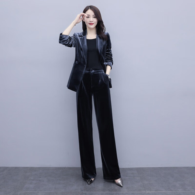 年春秋新款气质时尚阔腿裤职业金丝绒西装套装女 烟熏灰 外套 裤子 xs