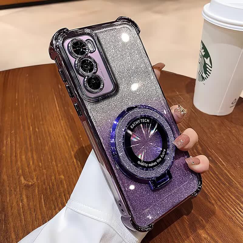 迪特貅四角气囊防摔适用opporeno12手机壳新款reno13Pro手机套11PRO闪粉磁吸支架Ren08Pro透明自带镜头膜 四角防摔气囊壳【电镀紫+闪粉支架】+渐变闪卡 OPPO Reno12