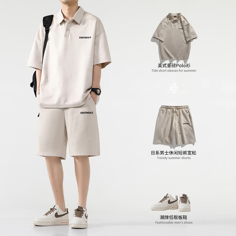 列迅衬衫领短袖polo衫男生酷帅穿搭夏季短裤两件套搭配一套运动套装男 13深灰 M