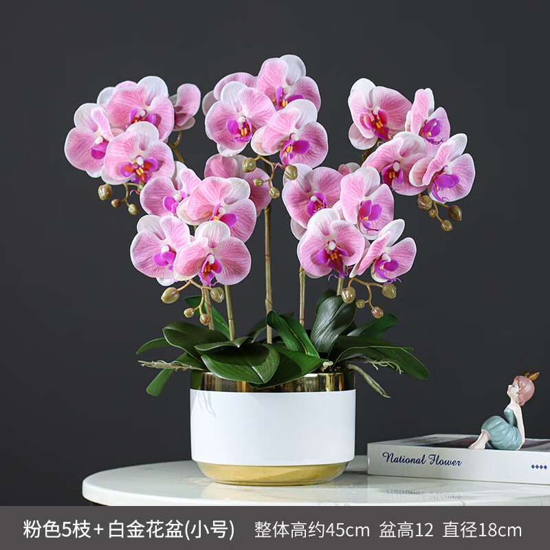 泰錦瑞假花仿真花高仿真蝴蝶蘭3D手感保濕蘭花裝飾家居客廳酒店前臺插花 粉色5枝蝴蝶蘭款 -白金盆 /單面