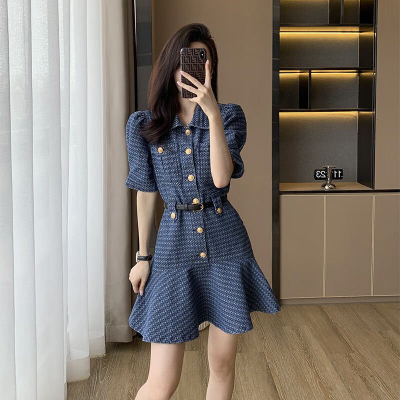 anna etter牛仔鱼尾连衣裙子女装夏装2024年新款格纹法式感小香风配