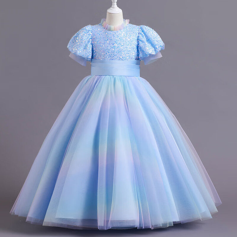礼服宫廷风泡泡袖亮片网纱蓬蓬公主裙长款裙摆晕染花童晚礼服 天蓝色