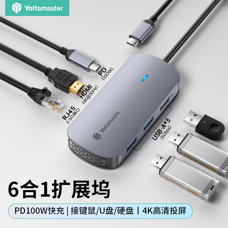 尤达大师（Yottamaster）扩展坞USB分线器HDMI转接头4K转换器PD快充通用苹果16MacBook华为笔记本