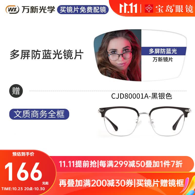万新（WAN XIN）近视眼镜配眼镜框防蓝光非球面男女钛合金多种框型选择 80001A-黑银色-全框 1.67多屏防蓝光镜片怎么看?