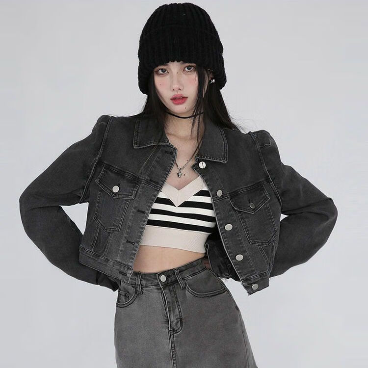 古跃鸿短款牛仔外套女中性风酷飒复古美式2024年春秋新款灰色修身小